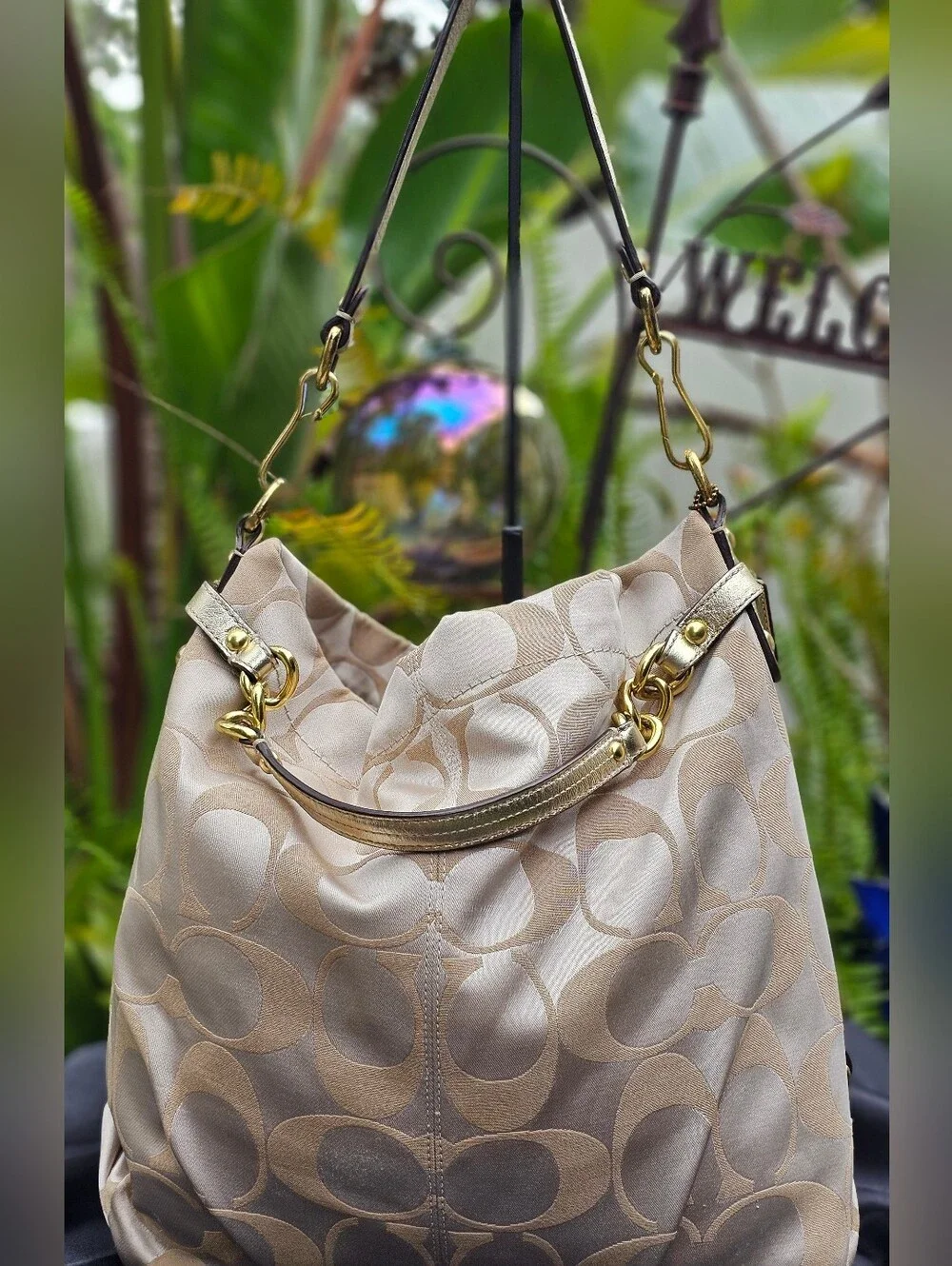 Coach F15679 Signature Optic Soho Hobo Bag Champagne Gold Sateen Jacquard